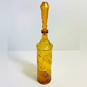 Vintage MCM 20.5” Amber Empoli Glass Decanter With Stopper - Fruit Design Italy